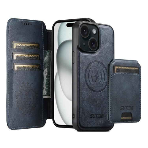 For iPhone 15 Suteni Q05S2 3-in-1 Detachable Vertical Flip Wallet MagSafe Leather Phone Case(Blue)