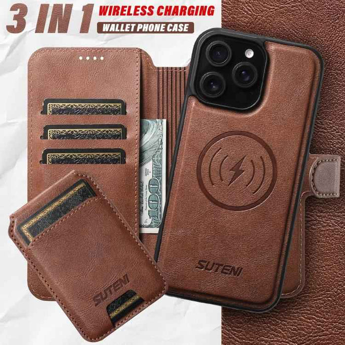 For iPhone 14 Pro Max Suteni Q05S2 3-in-1 Detachable Vertical Flip Wallet MagSafe Leather Phone Case(Brown)