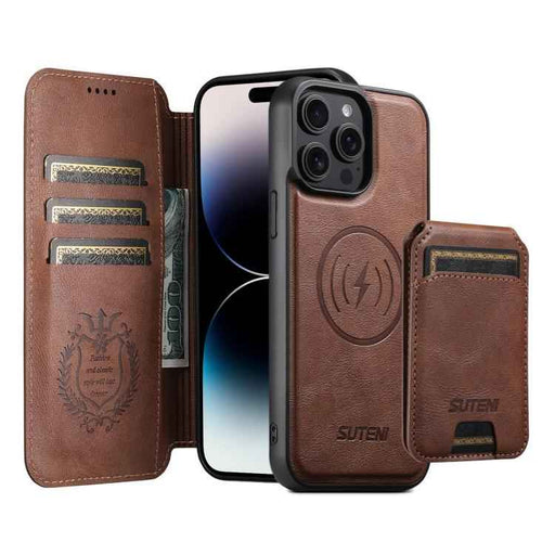 For iPhone 14 Pro Max Suteni Q05S2 3-in-1 Detachable Vertical Flip Wallet MagSafe Leather Phone Case(Brown)