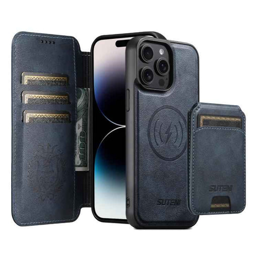 For iPhone 14 Pro Max Suteni Q05S2 3-in-1 Detachable Vertical Flip Wallet MagSafe Leather Phone Case(Blue)