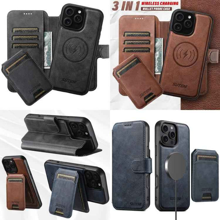 For iPhone 15 Suteni Q05S2 3-in-1 Detachable Vertical Flip Wallet MagSafe Leather Phone Case(Black)