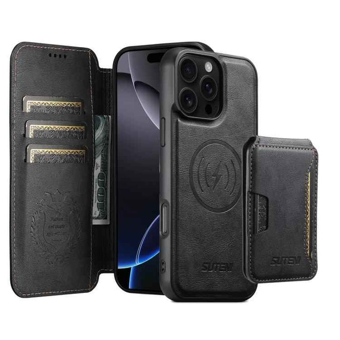 For iPhone 16 Pro Suteni Q05S3 3-in-1 Detachable Vertical Flip Wallet MagSafe Leather Phone Case(Black)
