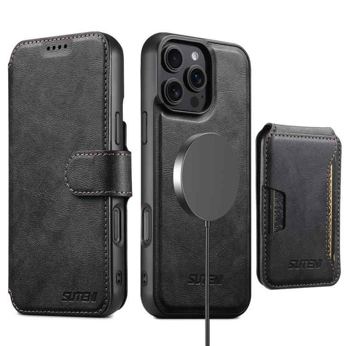 For iPhone 15 Suteni Q05S3 3-in-1 Detachable Vertical Flip Wallet MagSafe Leather Phone Case(Black)