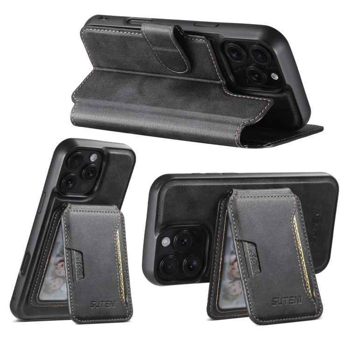 For iPhone 15 Suteni Q05S3 3-in-1 Detachable Vertical Flip Wallet MagSafe Leather Phone Case(Black)
