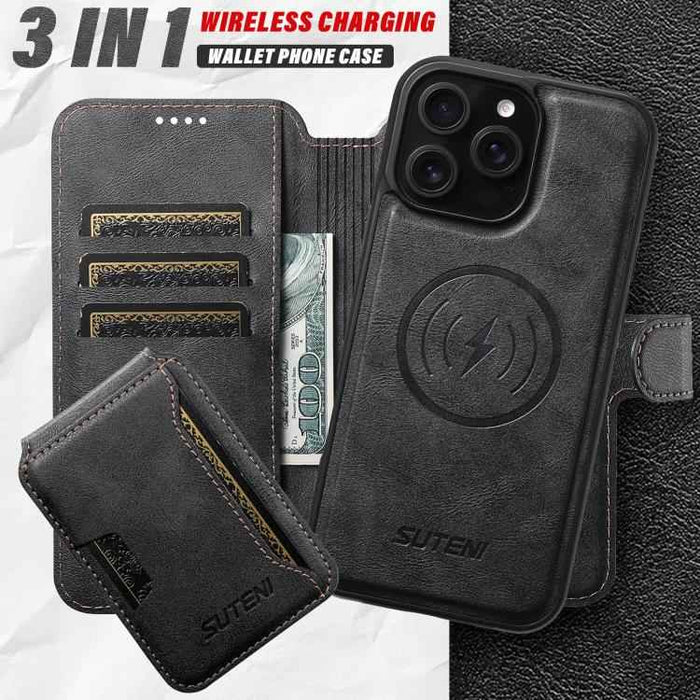 For iPhone 15 Suteni Q05S3 3-in-1 Detachable Vertical Flip Wallet MagSafe Leather Phone Case(Black)