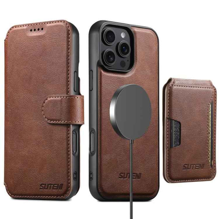 For iPhone 15 Suteni Q05S3 3-in-1 Detachable Vertical Flip Wallet MagSafe Leather Phone Case(Brown)