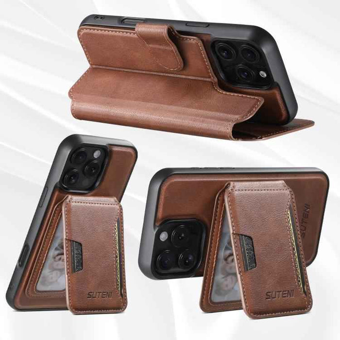 For iPhone 15 Suteni Q05S3 3-in-1 Detachable Vertical Flip Wallet MagSafe Leather Phone Case(Brown)