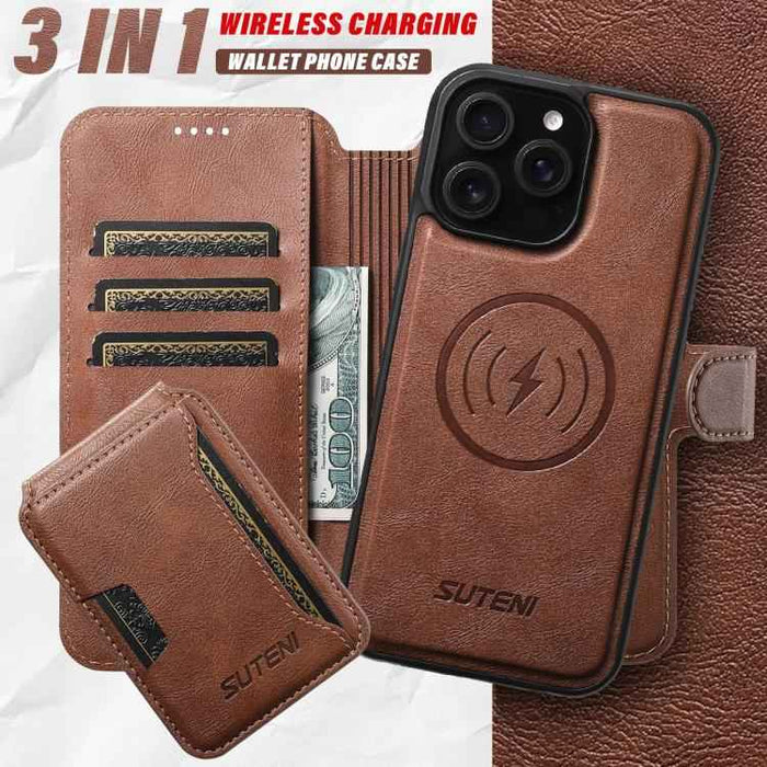 For iPhone 15 Suteni Q05S3 3-in-1 Detachable Vertical Flip Wallet MagSafe Leather Phone Case(Brown)