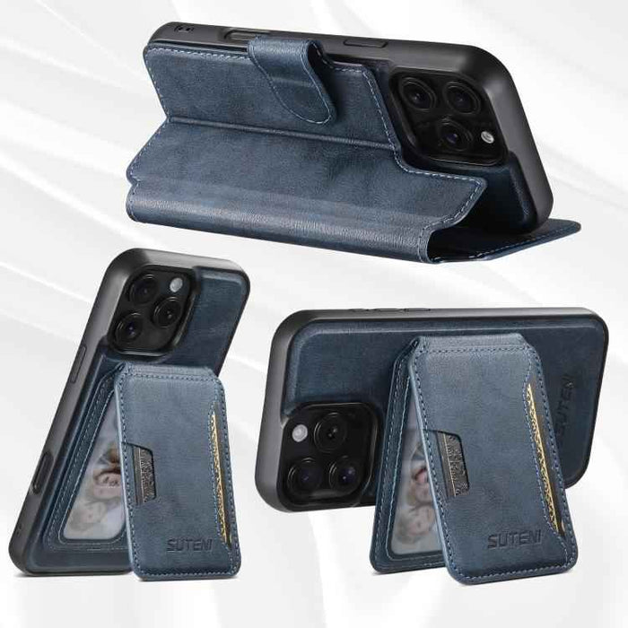 For iPhone 15 Suteni Q05S3 3-in-1 Detachable Vertical Flip Wallet MagSafe Leather Phone Case(Blue)