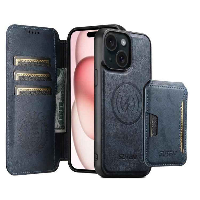 For iPhone 15 Suteni Q05S3 3-in-1 Detachable Vertical Flip Wallet MagSafe Leather Phone Case(Blue)