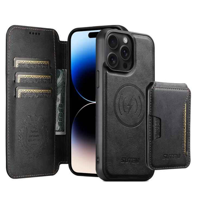 For iPhone 14 Pro Max Suteni Q05S3 3-in-1 Detachable Vertical Flip Wallet MagSafe Leather Phone Case(Black)