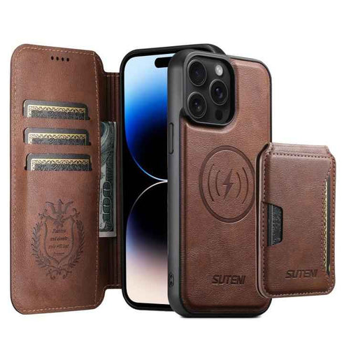 For iPhone 14 Pro Max Suteni Q05S3 3-in-1 Detachable Vertical Flip Wallet MagSafe Leather Phone Case(Brown)