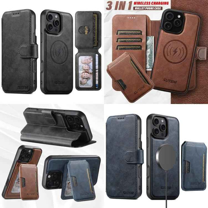 For iPhone 15 Suteni Q05S3 3-in-1 Detachable Vertical Flip Wallet MagSafe Leather Phone Case(Brown)