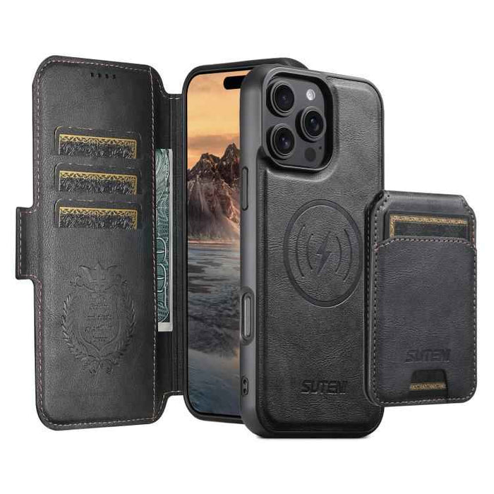 For iPhone 15 Suteni Q06S2 3-in-1 Detachable Vertical Flip Wallet MagSafe Splicing Leather Phone Case(Black)