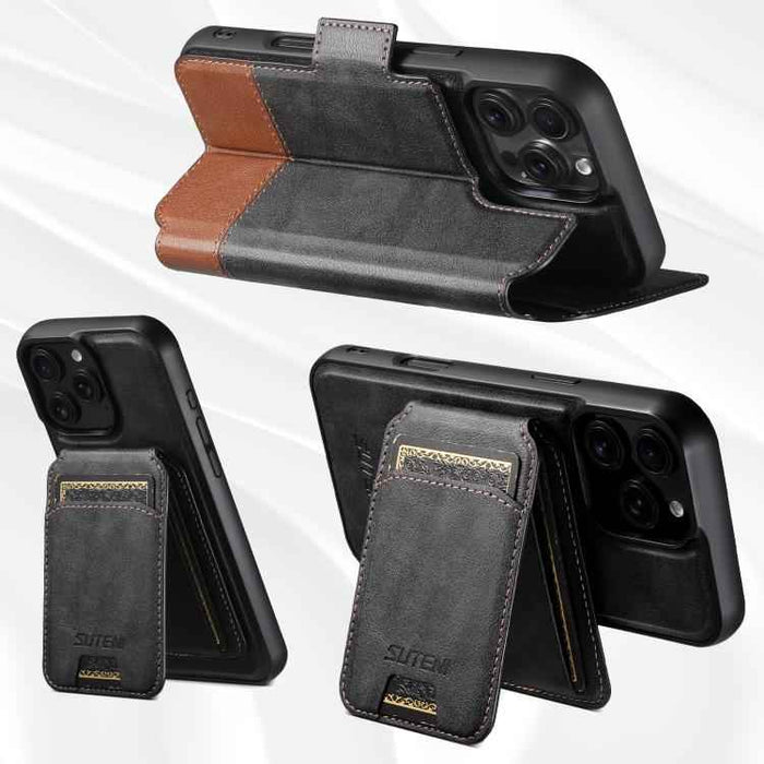 For iPhone 15 Suteni Q06S2 3-in-1 Detachable Vertical Flip Wallet MagSafe Splicing Leather Phone Case(Black)