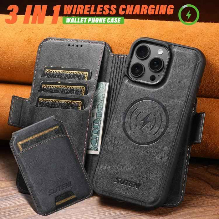For iPhone 15 Suteni Q06S2 3-in-1 Detachable Vertical Flip Wallet MagSafe Splicing Leather Phone Case(Black)