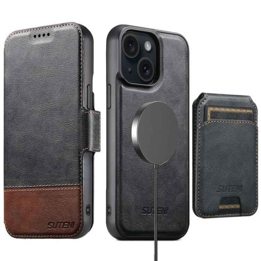 For iPhone 15 Suteni Q06S2 3-in-1 Detachable Vertical Flip Wallet MagSafe Splicing Leather Phone Case(Black)
