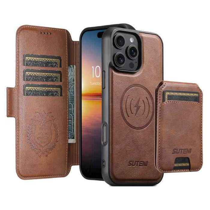 For iPhone 15 Suteni Q06S2 3-in-1 Detachable Vertical Flip Wallet MagSafe Splicing Leather Phone Case(Brown)