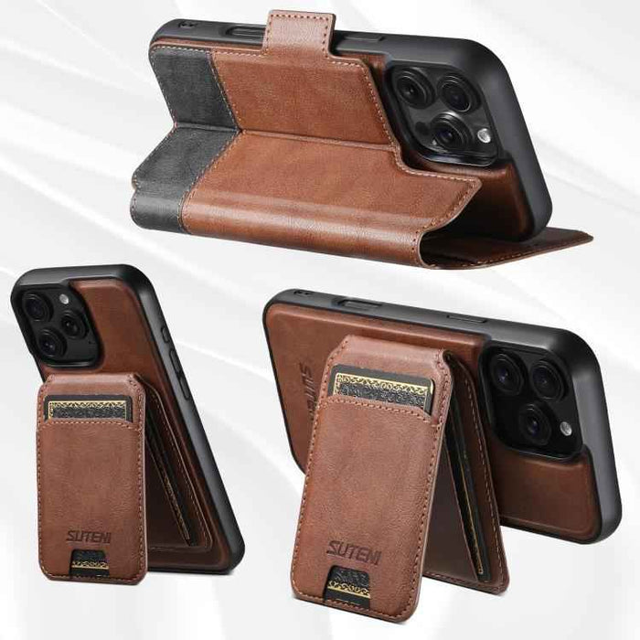 For iPhone 15 Suteni Q06S2 3-in-1 Detachable Vertical Flip Wallet MagSafe Splicing Leather Phone Case(Brown)