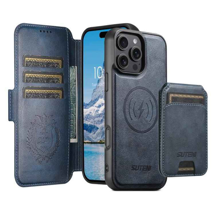 For iPhone 15 Suteni Q06S2 3-in-1 Detachable Vertical Flip Wallet MagSafe Splicing Leather Phone Case(Blue)