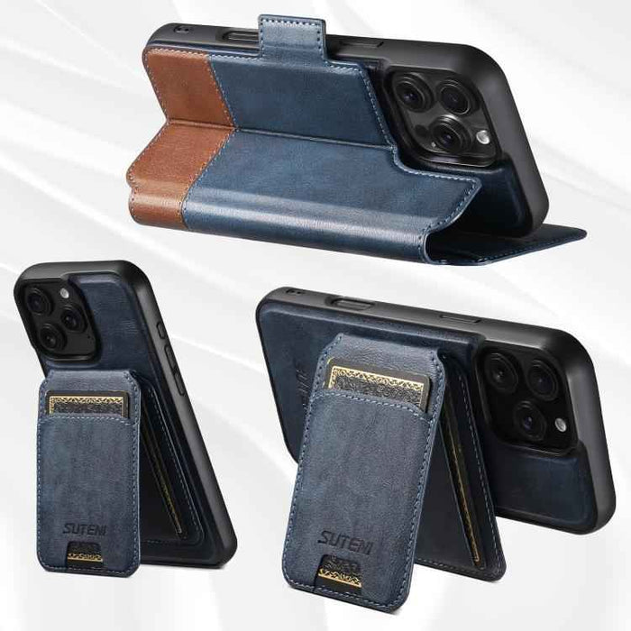 For iPhone 15 Suteni Q06S2 3-in-1 Detachable Vertical Flip Wallet MagSafe Splicing Leather Phone Case(Blue)