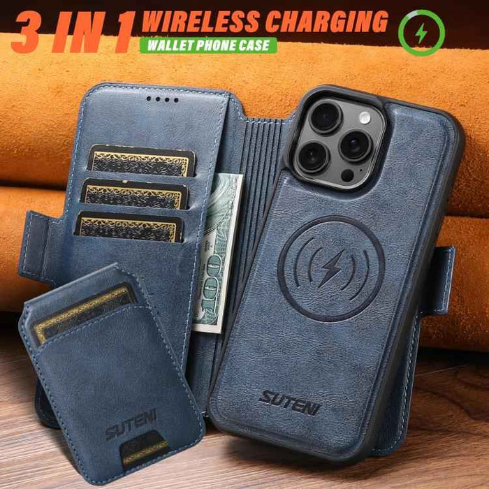 For iPhone 15 Suteni Q06S2 3-in-1 Detachable Vertical Flip Wallet MagSafe Splicing Leather Phone Case(Blue)