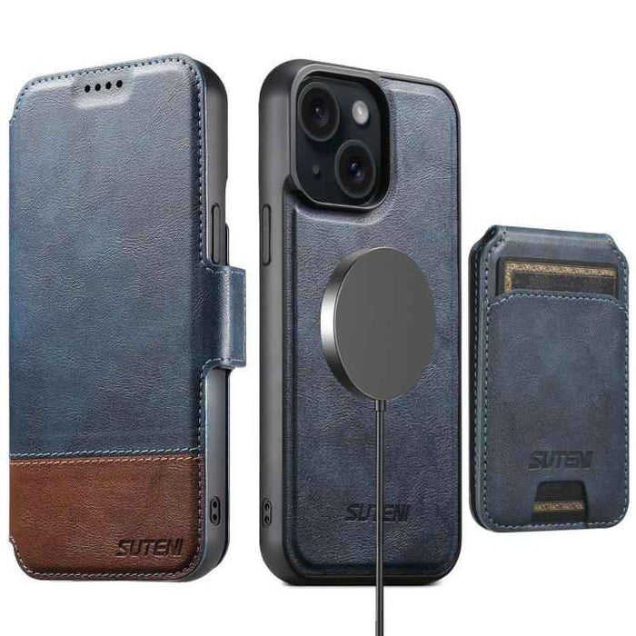 For iPhone 15 Suteni Q06S2 3-in-1 Detachable Vertical Flip Wallet MagSafe Splicing Leather Phone Case(Blue)