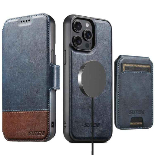 For iPhone 14 Pro Max Suteni Q06S2 3-in-1 Detachable Vertical Flip Wallet MagSafe Splicing Leather Phone Case(Blue)