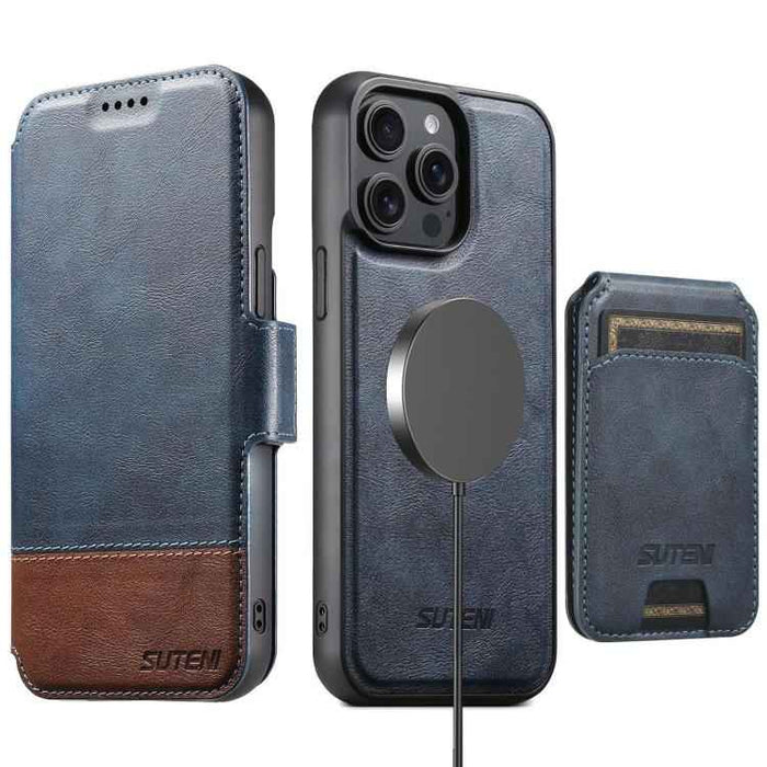For iPhone 14 Pro Max Suteni Q06S2 3-in-1 Detachable Vertical Flip Wallet MagSafe Splicing Leather Phone Case(Blue)