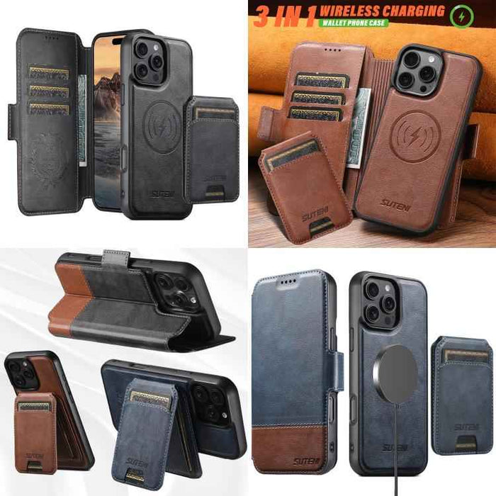 For iPhone 15 Suteni Q06S2 3-in-1 Detachable Vertical Flip Wallet MagSafe Splicing Leather Phone Case(Black)