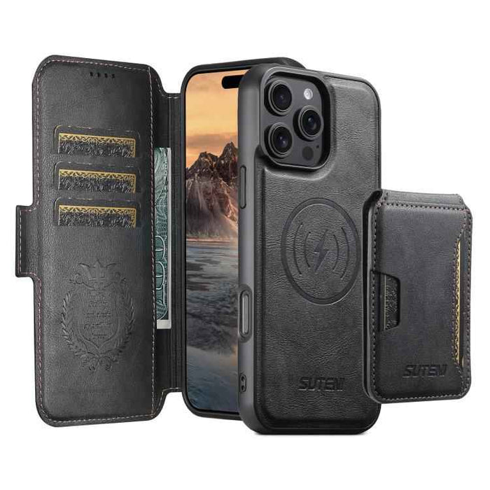 For iPhone 15 Suteni Q06S3 3-in-1 Splicing Detachable Vertical Flip Wallet MagSafe Leather Phone Case(Black)