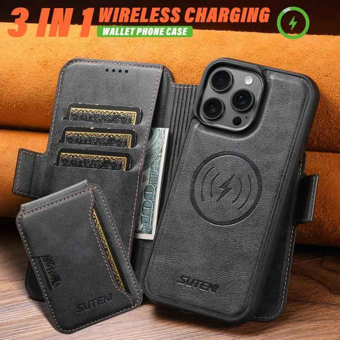 For iPhone 15 Suteni Q06S3 3-in-1 Splicing Detachable Vertical Flip Wallet MagSafe Leather Phone Case(Black)