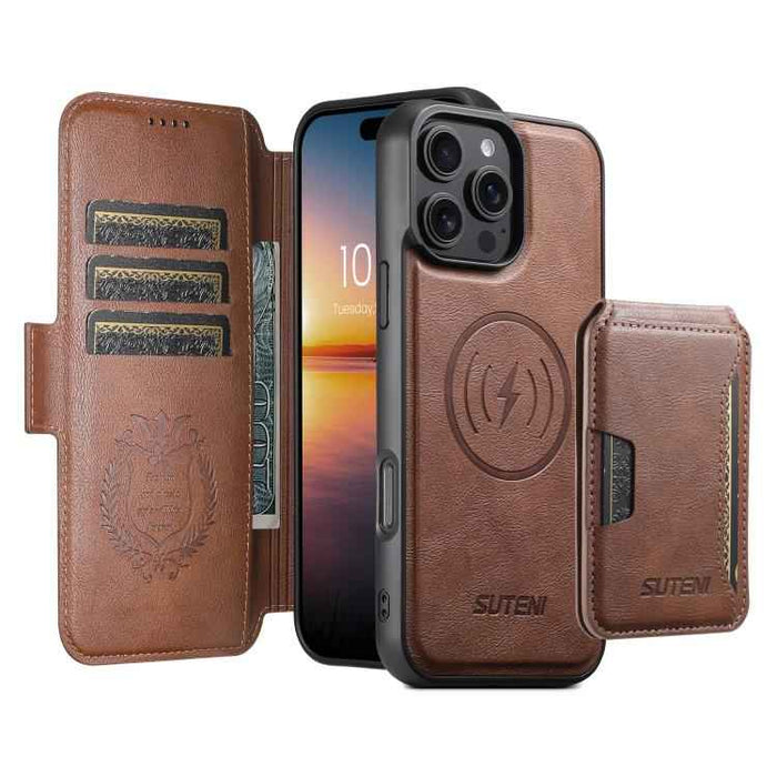 For iPhone 15 Suteni Q06S3 3-in-1 Splicing Detachable Vertical Flip Wallet MagSafe Leather Phone Case(Brown)