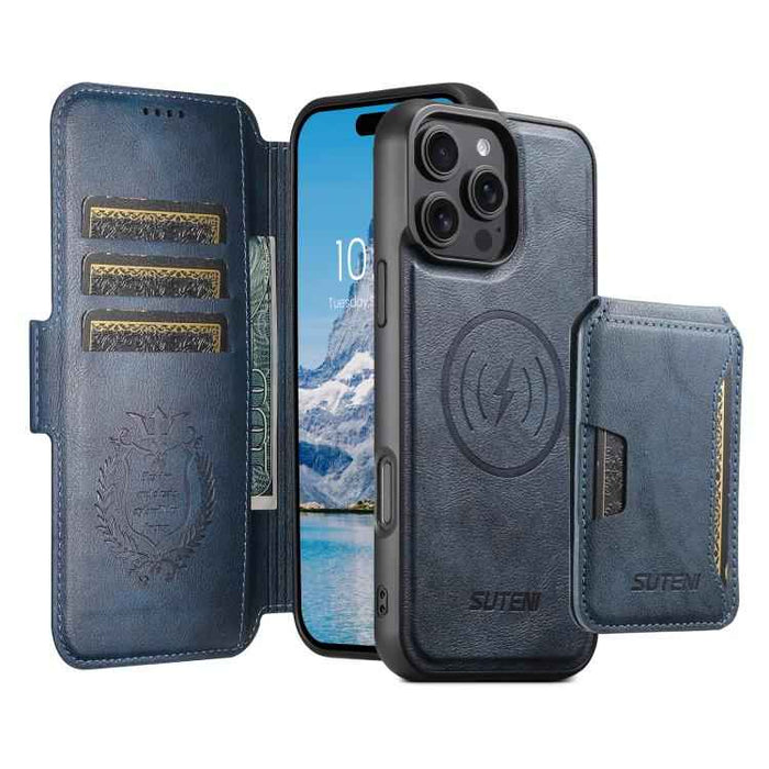 For iPhone 15 Suteni Q06S3 3-in-1 Splicing Detachable Vertical Flip Wallet MagSafe Leather Phone Case(Blue)