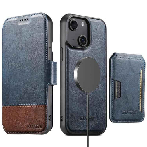 For iPhone 15 Suteni Q06S3 3-in-1 Splicing Detachable Vertical Flip Wallet MagSafe Leather Phone Case(Blue)