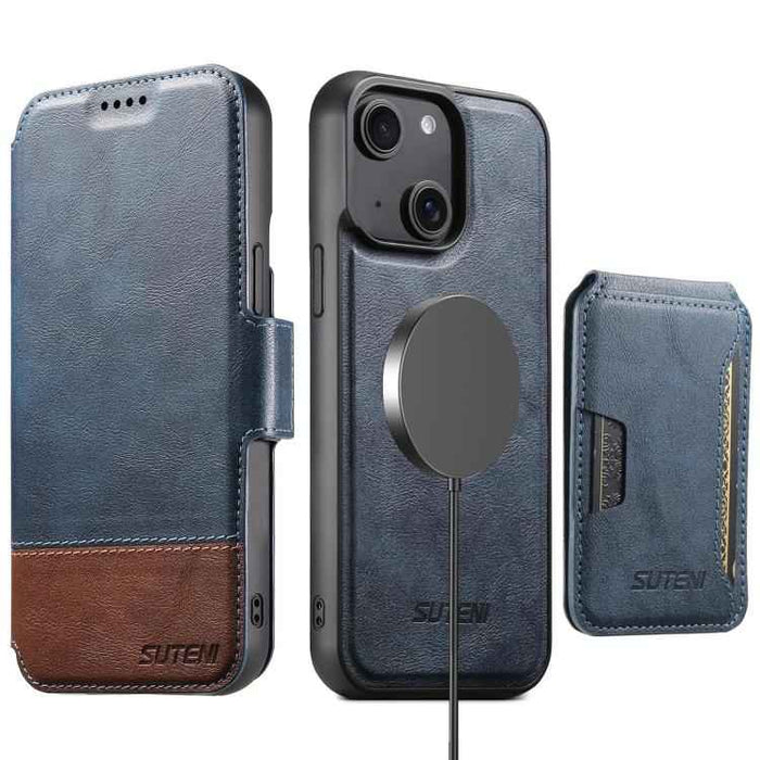 For iPhone 15 Suteni Q06S3 3-in-1 Splicing Detachable Vertical Flip Wallet MagSafe Leather Phone Case(Blue)