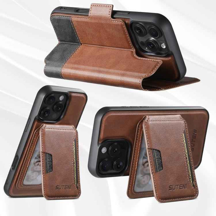 For iPhone 14 Pro Max Suteni Q06S3 3-in-1 Splicing Detachable Vertical Flip Wallet MagSafe Leather Phone Case(Brown)