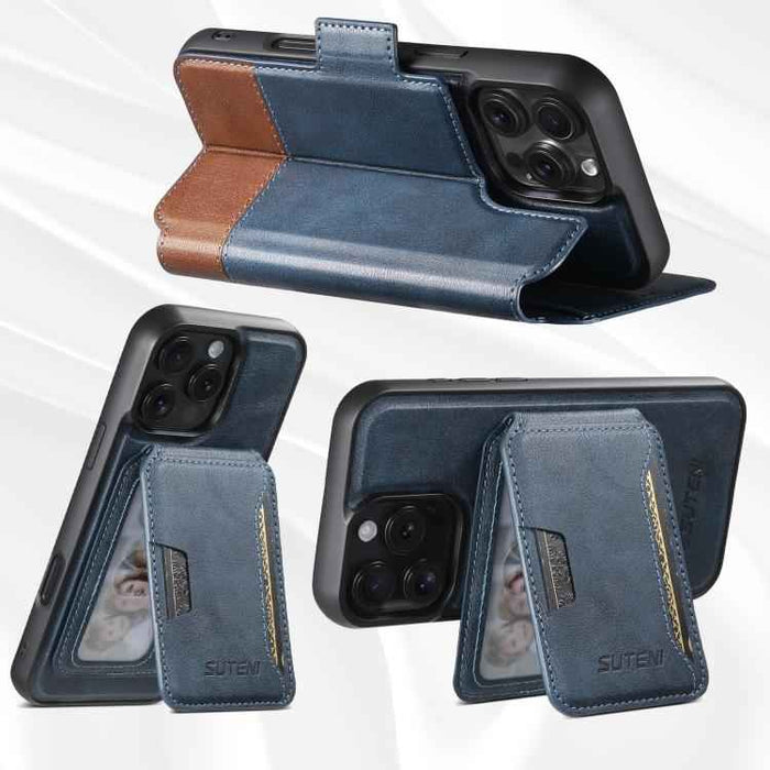 For iPhone 14 Pro Max Suteni Q06S3 3-in-1 Splicing Detachable Vertical Flip Wallet MagSafe Leather Phone Case(Blue)