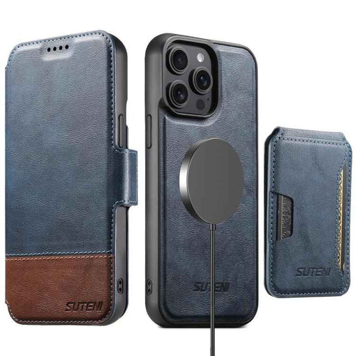 For iPhone 14 Pro Max Suteni Q06S3 3-in-1 Splicing Detachable Vertical Flip Wallet MagSafe Leather Phone Case(Blue)