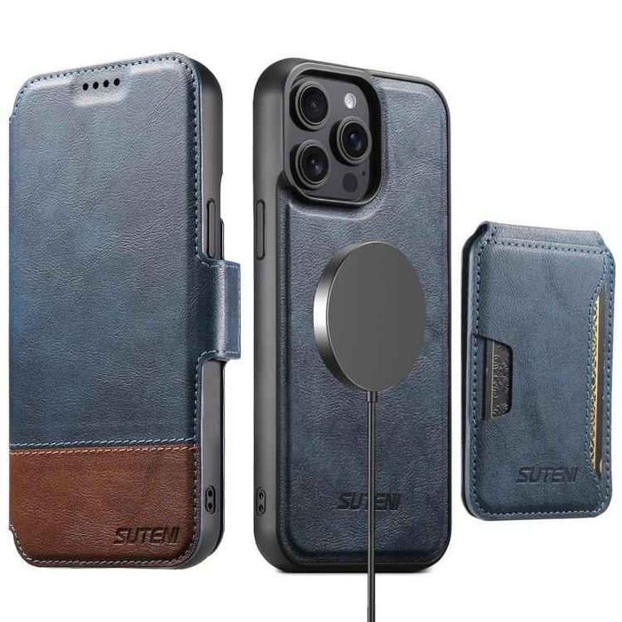For iPhone 14 Pro Max Suteni Q06S3 3-in-1 Splicing Detachable Vertical Flip Wallet MagSafe Leather Phone Case(Blue)