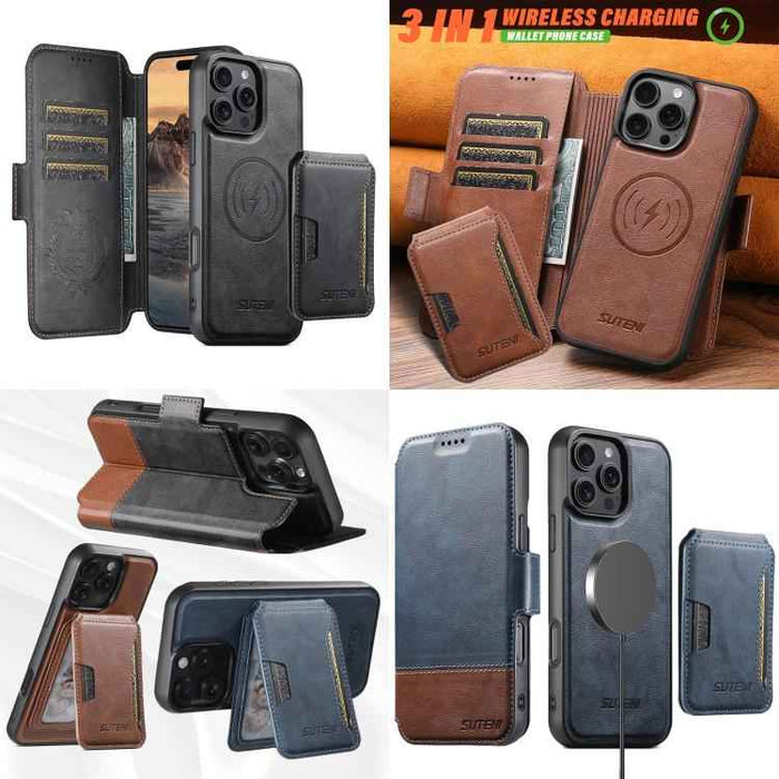 For iPhone 15 Suteni Q06S3 3-in-1 Splicing Detachable Vertical Flip Wallet MagSafe Leather Phone Case(Brown)