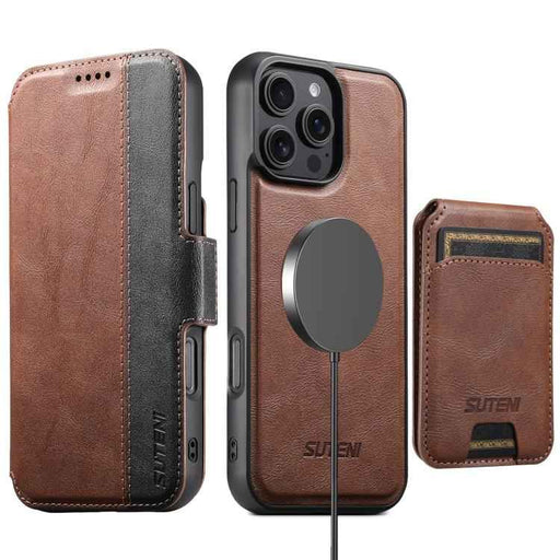 For iPhone 16 Pro Suteni Q07S2 3-in-1 Detachable Vertical Flip Wallet MagSafe Splicing Leather Phone Case(Brown)