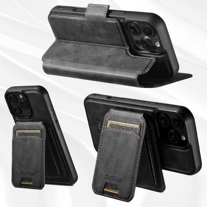 For iPhone 15 Suteni Q07S2 3-in-1 Detachable Vertical Flip Wallet MagSafe Splicing Leather Phone Case(Black)