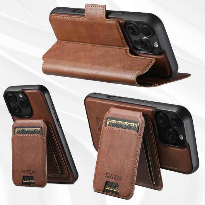 For iPhone 15 Suteni Q07S2 3-in-1 Detachable Vertical Flip Wallet MagSafe Splicing Leather Phone Case(Brown)