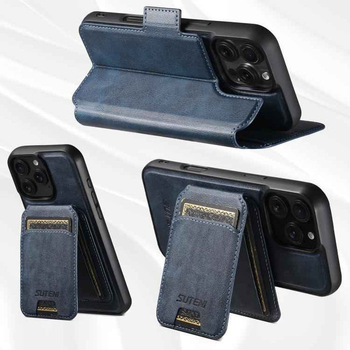 For iPhone 15 Suteni Q07S2 3-in-1 Detachable Vertical Flip Wallet MagSafe Splicing Leather Phone Case(Blue)