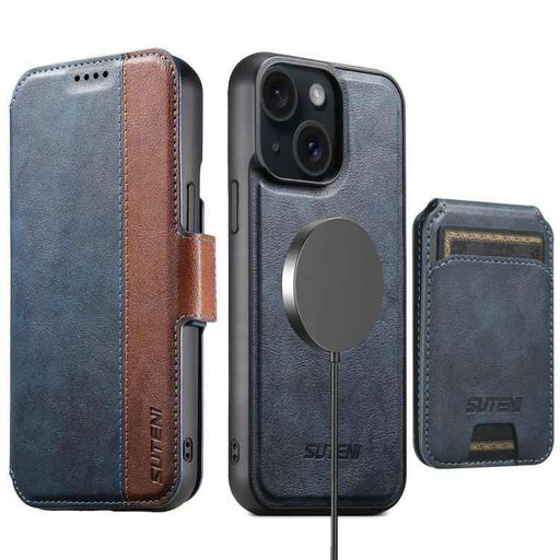 For iPhone 15 Suteni Q07S2 3-in-1 Detachable Vertical Flip Wallet MagSafe Splicing Leather Phone Case(Blue)