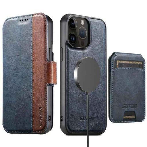 For iPhone 14 Pro Max Suteni Q07S2 3-in-1 Detachable Vertical Flip Wallet MagSafe Splicing Leather Phone Case(Blue)