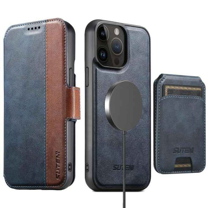 For iPhone 14 Pro Max Suteni Q07S2 3-in-1 Detachable Vertical Flip Wallet MagSafe Splicing Leather Phone Case(Blue)