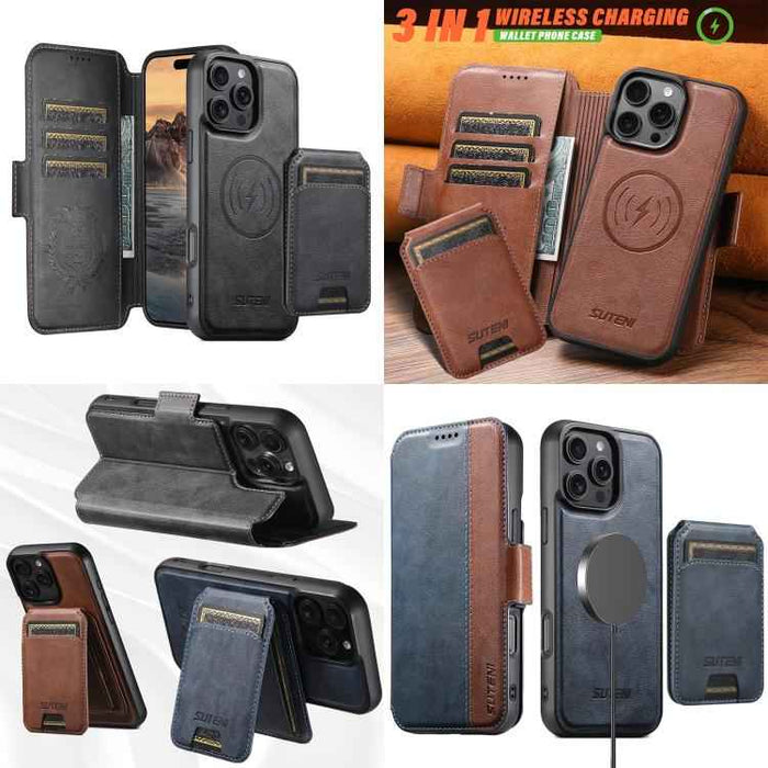 For iPhone 15 Suteni Q07S2 3-in-1 Detachable Vertical Flip Wallet MagSafe Splicing Leather Phone Case(Brown)