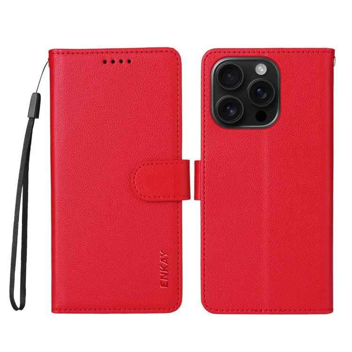 For iPhone 16 Pro ENKAY RFID Blocking Wallet Kickstand Litchi Texture Leather Phone Case(Red)